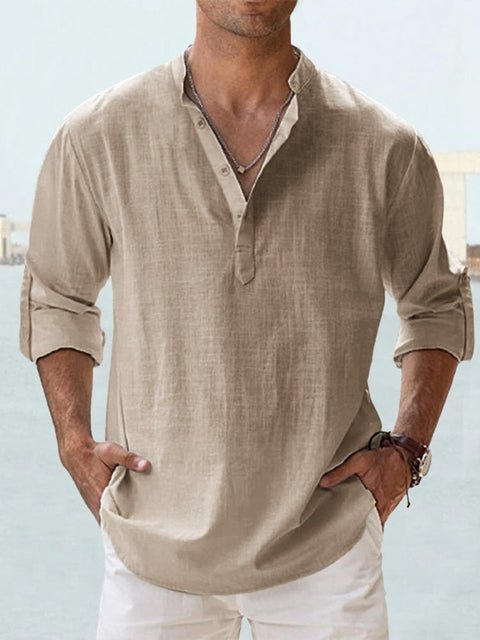 Classic men's Henley shirt, long sleeve & relaxed fit, showcasing a distinct mandarin collar design.