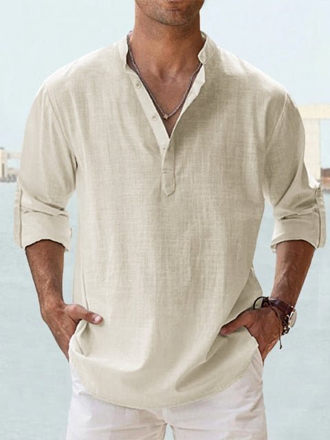 Men's fashion: long sleeve Henley top with a sophisticated mandarin collar. Perfect casual button-down.
