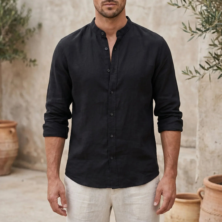 Men's casual mandarin collar shirt for summer comfort, relaxed fit, long sleeve, lightweight fabric.