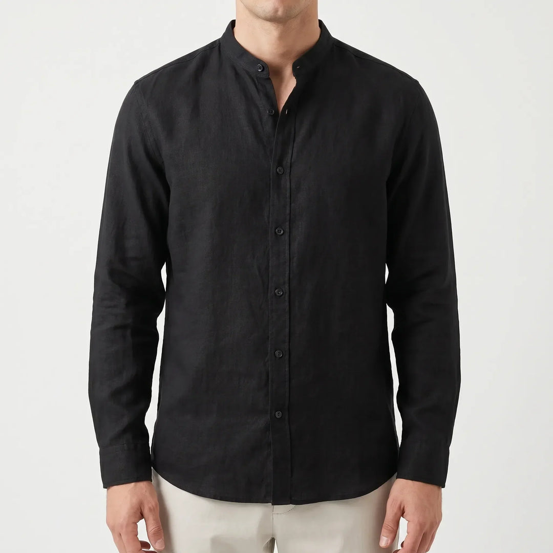 Stylish men's button-up shirt with mandarin collar, perfect for summer casual wear and warm weather comfort.