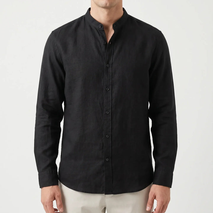 Stylish men's button-up shirt with mandarin collar, perfect for summer casual wear and warm weather comfort.