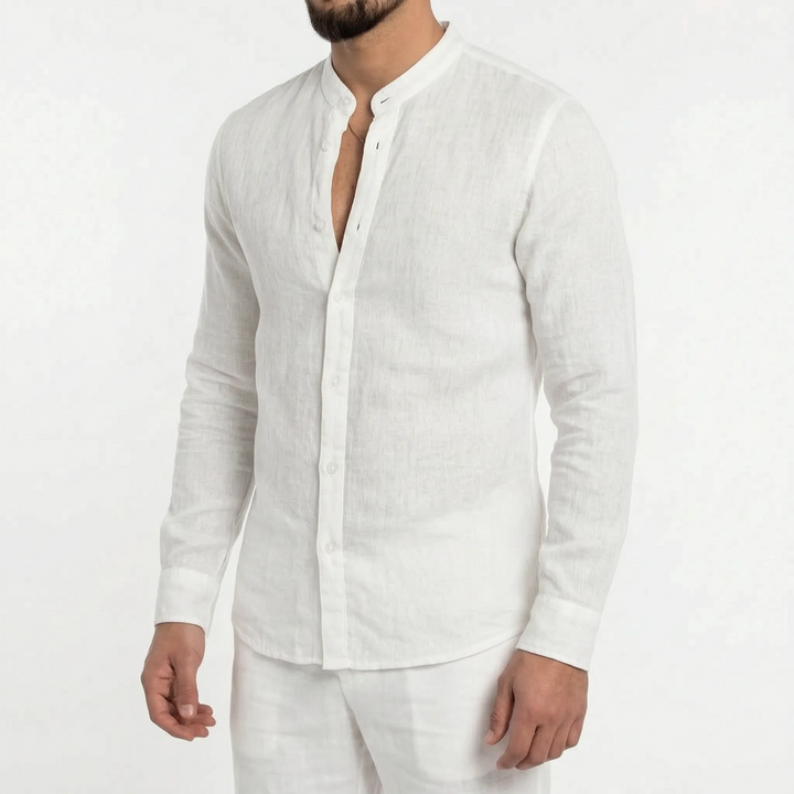 Men's long sleeve mandarin collar shirt, relaxed fit, button-up design, versatile for casual summer style.