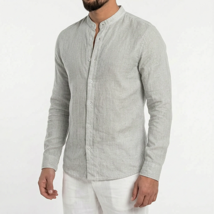 Comfortable men's lightweight casual shirt with mandarin collar and long sleeves, great for summer style.