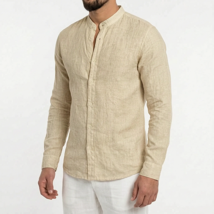 Men's elegant mandarin collar shirt, casual summer style, long sleeve, relaxed and comfortable fit.