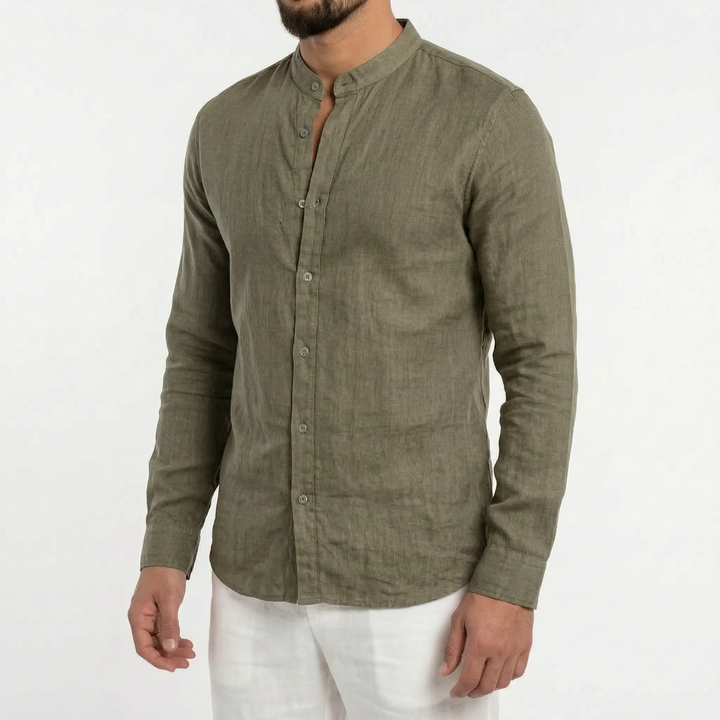 Versatile men's mandarin collar shirt, ideal for casual summer outfits, long sleeve for warm weather.