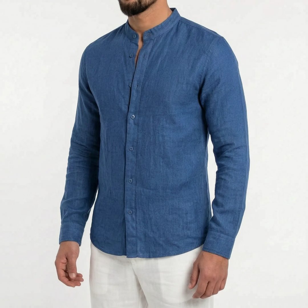 Men's casual long sleeve shirt with mandarin collar, comfortable and stylish for summer fashion.