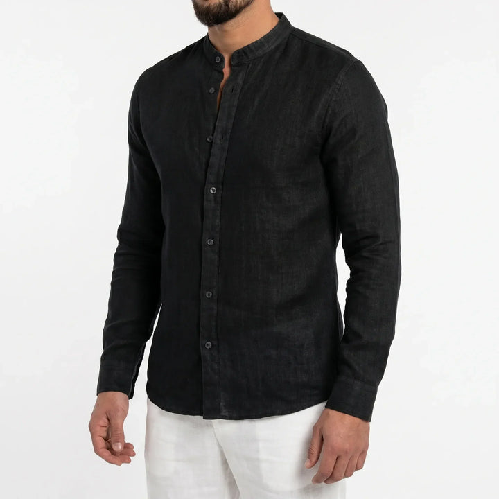 Relaxed fit men's mandarin collar shirt, button-up, perfect for stylish summer comfort & everyday wear.