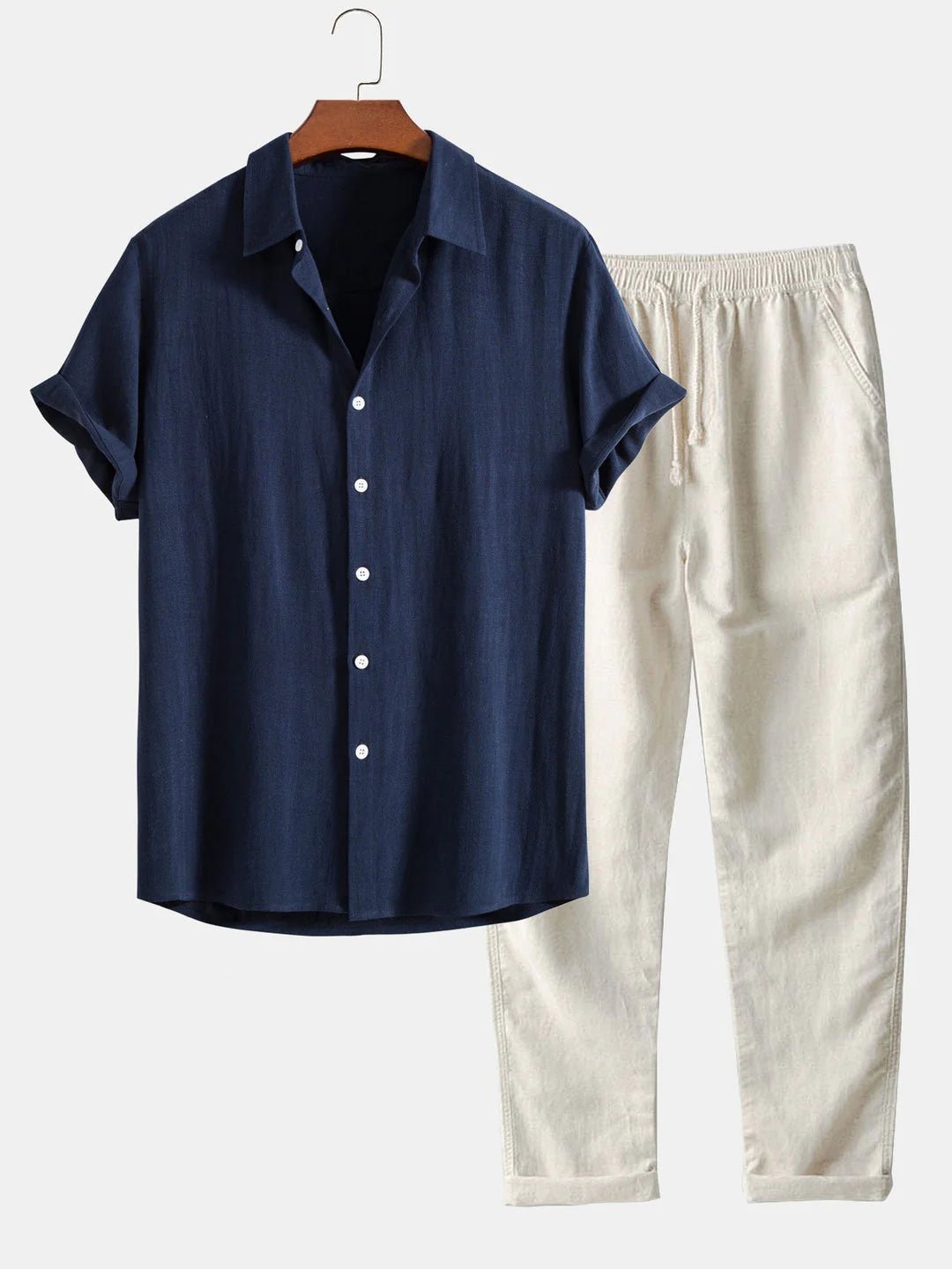 Men's casual shirt & pants set with rolled cuffs. Breathable, relaxed fit, perfect for summer.