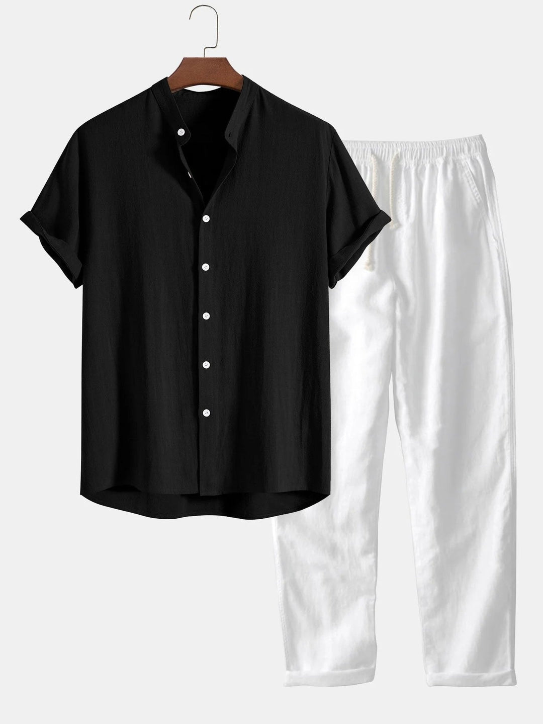 Men's fashion summer outfit. Casual shirt & pants set, features rolled cuffs for a stylish, breathable look.