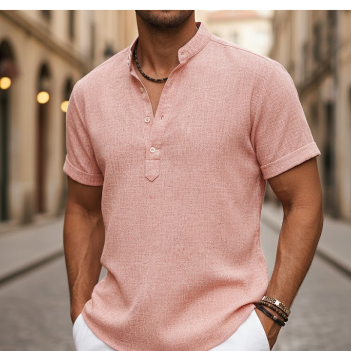 Men's casual short sleeve Henley shirt, perfect for summer wear & daily fashion.
