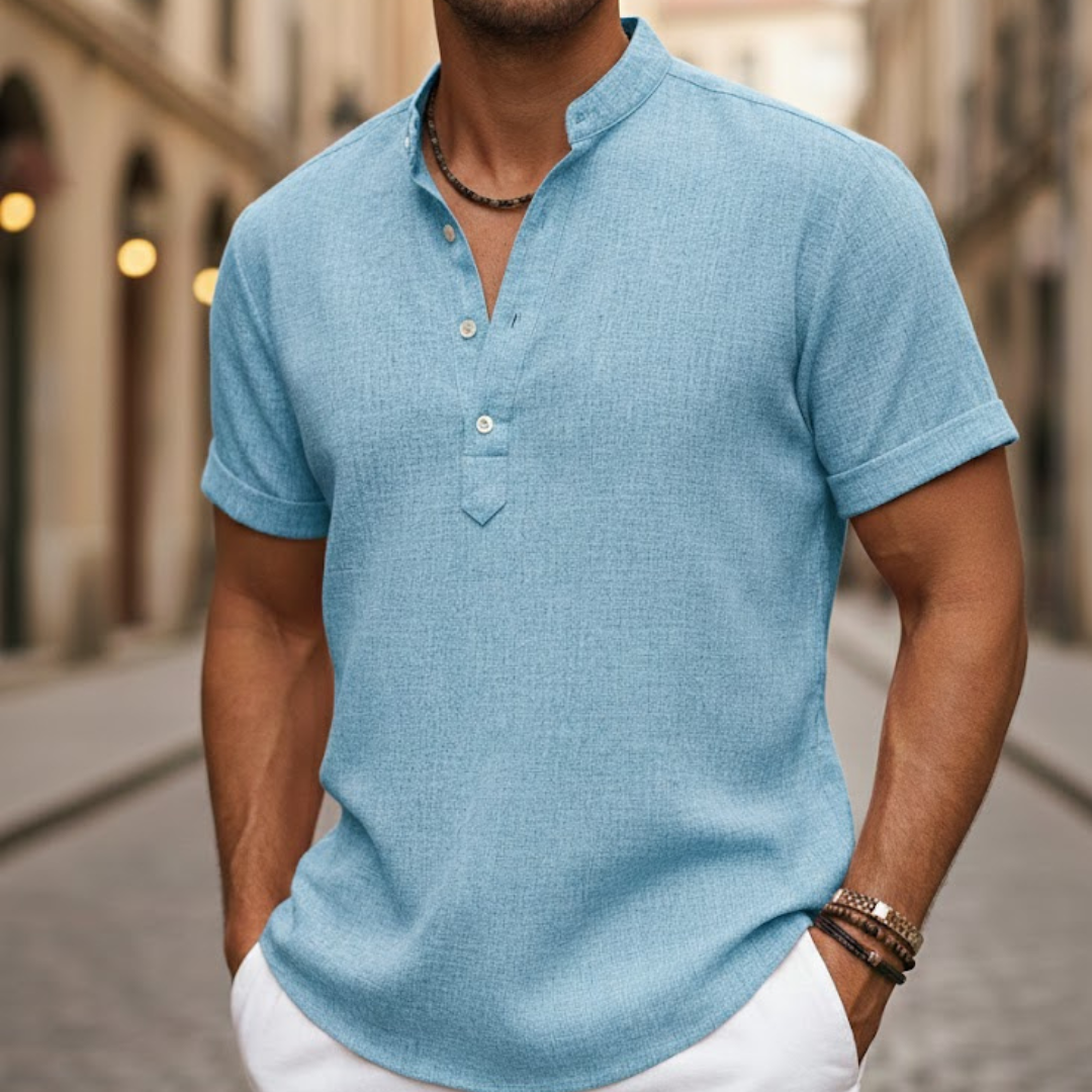 Stylish men's Henley polo shirt, lightweight & comfortable for warm weather or vacation.
