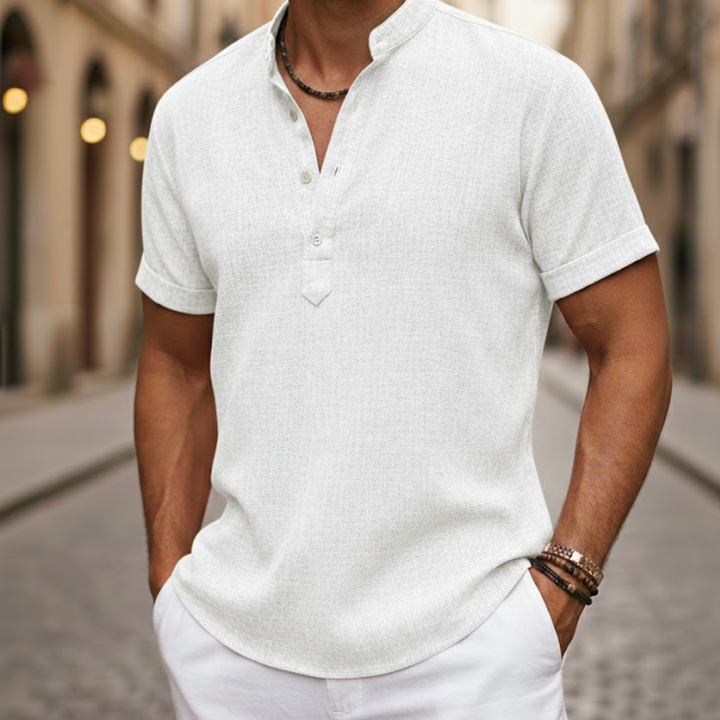 Lightweight men's short sleeve Henley top, a versatile and casual essential for summer fashion.