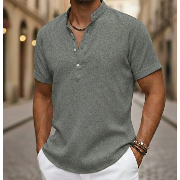 Versatile men's casual Henley shirt, short sleeve polo style for daily wear & summer outfits.