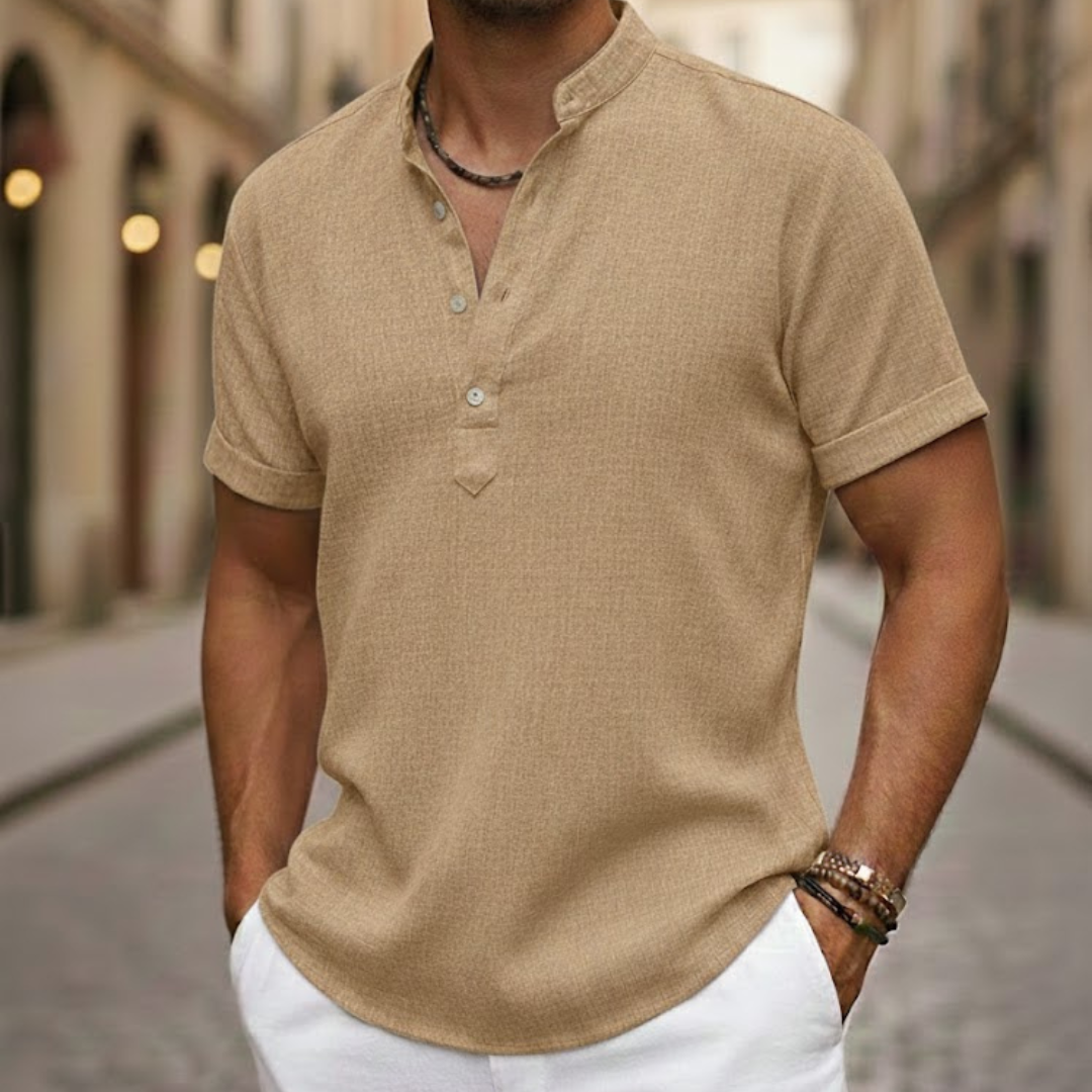 Classic men's short sleeve Henley, a casual polo style top for comfortable summer fashion.