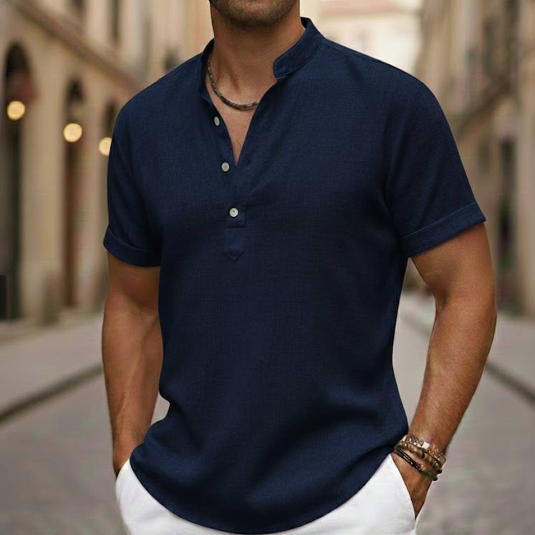 Warm weather men's short sleeve Henley shirt, a lightweight and stylish casual top for summer.