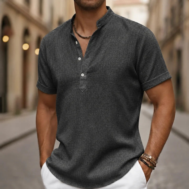 Men's short sleeve Henley polo shirt, comfortable & casual, great for everyday summer fashion.