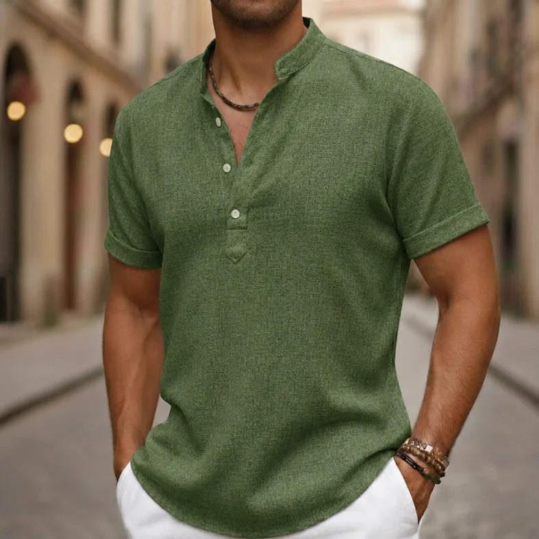 Casual men's short sleeve Henley, versatile polo style top for summer, vacation, or daily wear.