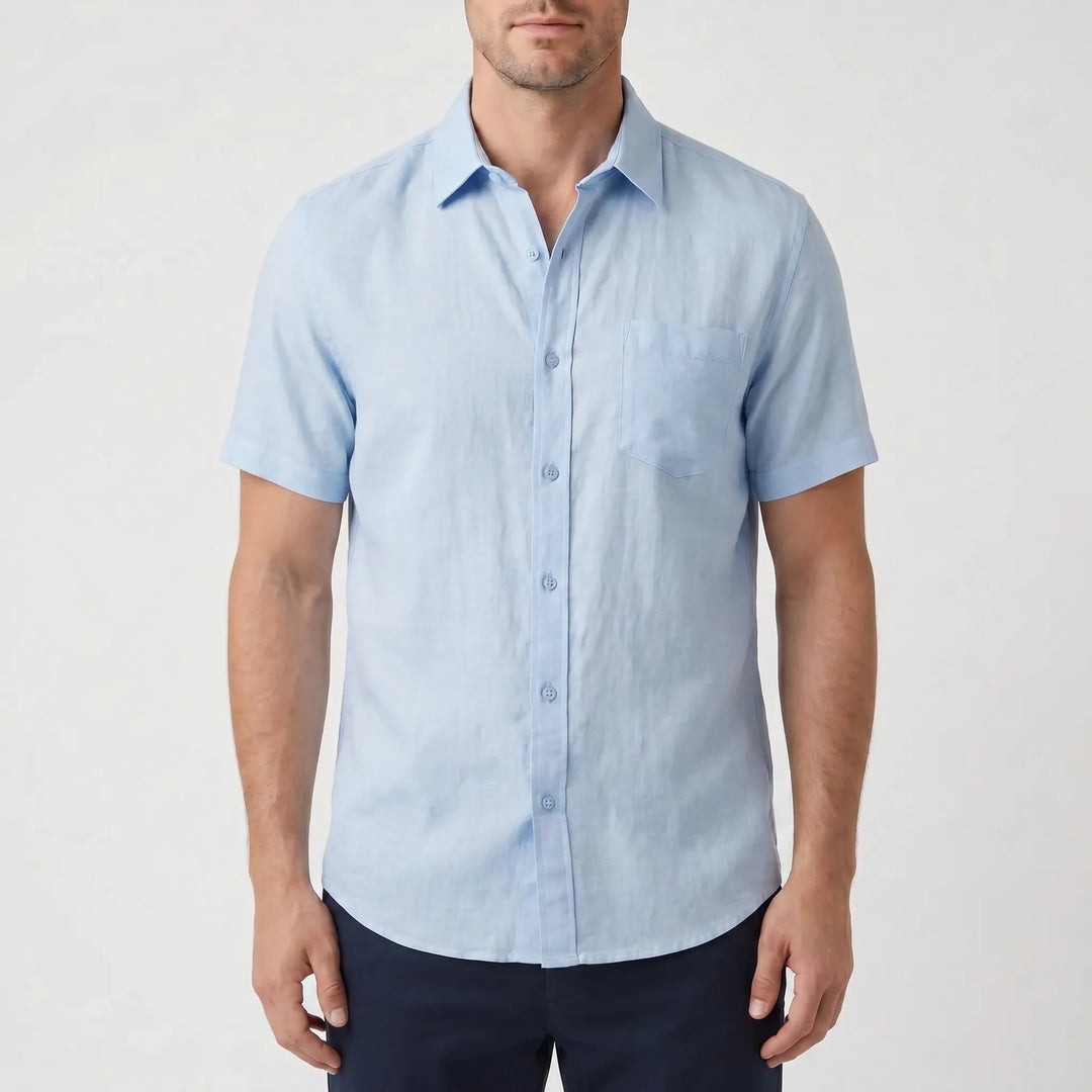Relaxed fit men's button-down shirt with short sleeves, great for casual summer outfits.