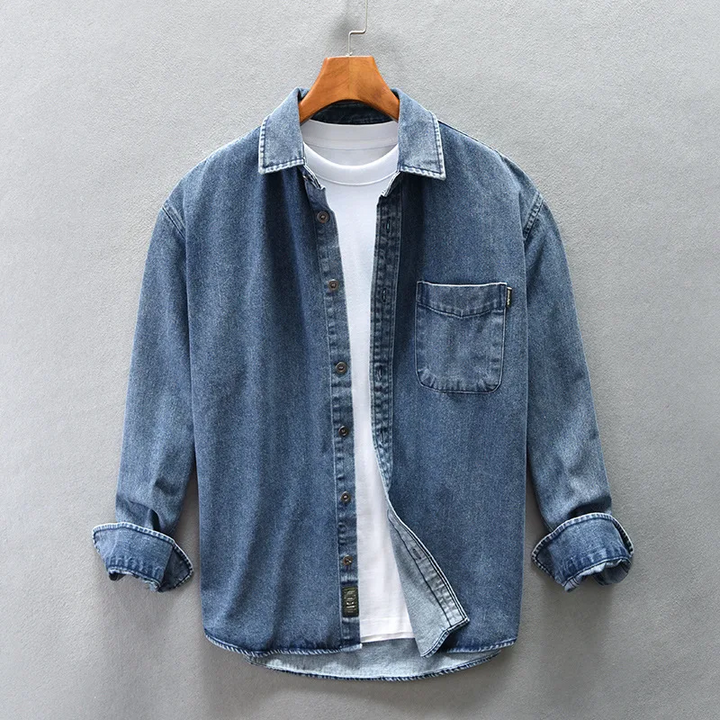 Men's casual washed denim button-up shirt in a relaxed fit, perfect for everyday wear and versatile mens fashion.