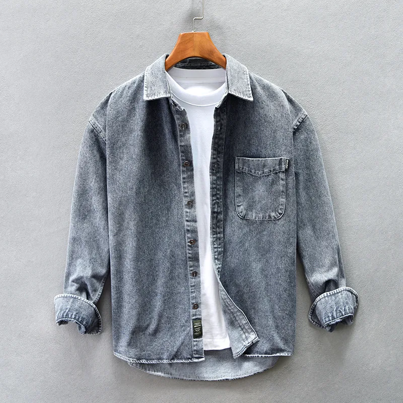 Classic blue washed denim button-up shirt for men, long sleeve, relaxed fit, ideal for casual everyday style.