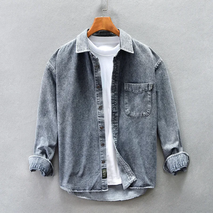 Classic blue washed denim button-up shirt for men, long sleeve, relaxed fit, ideal for casual everyday style.
