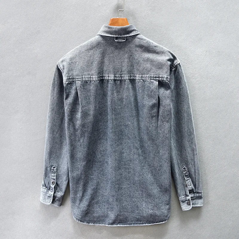 Stylish gray washed denim long sleeve shirt for men, button-up, relaxed fit, great for casual and versatile wear.