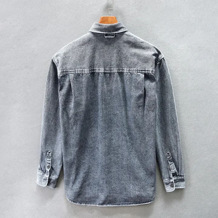 Stylish gray washed denim long sleeve shirt for men, button-up, relaxed fit, great for casual and versatile wear.
