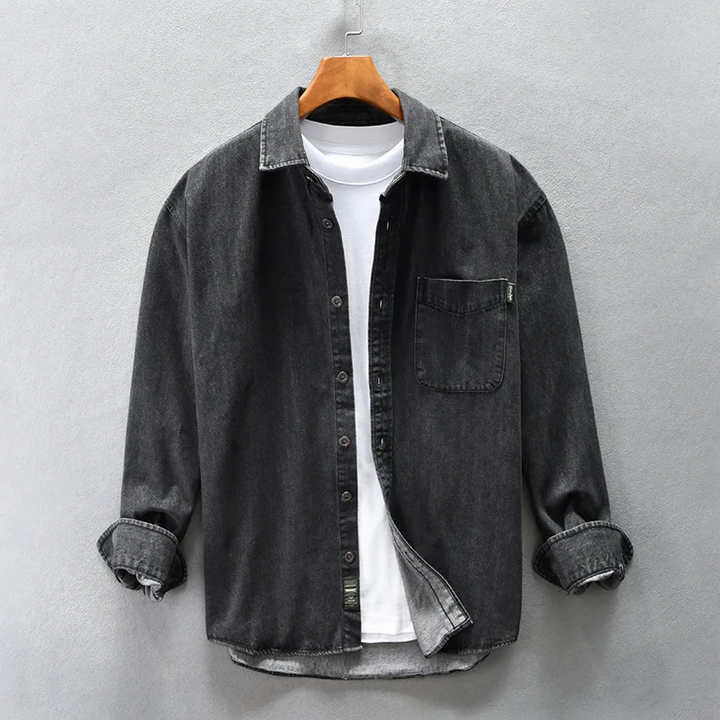 Black washed denim casual shirt for men, button-up, long sleeve, relaxed fit, a versatile piece for mens fashion.
