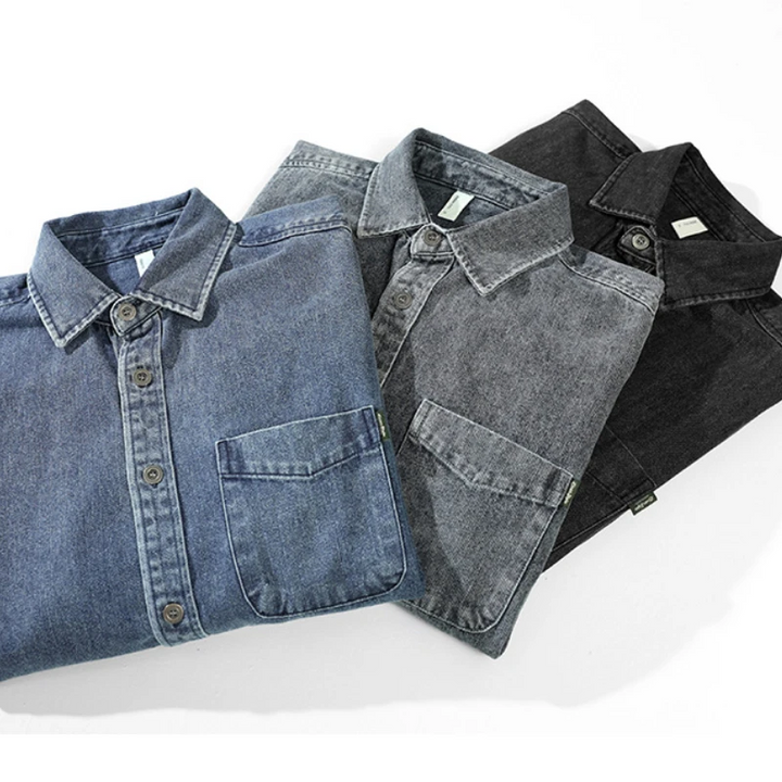 Versatile men's long sleeve washed denim button-up shirt, perfect for casual everyday wear and relaxed fashion.