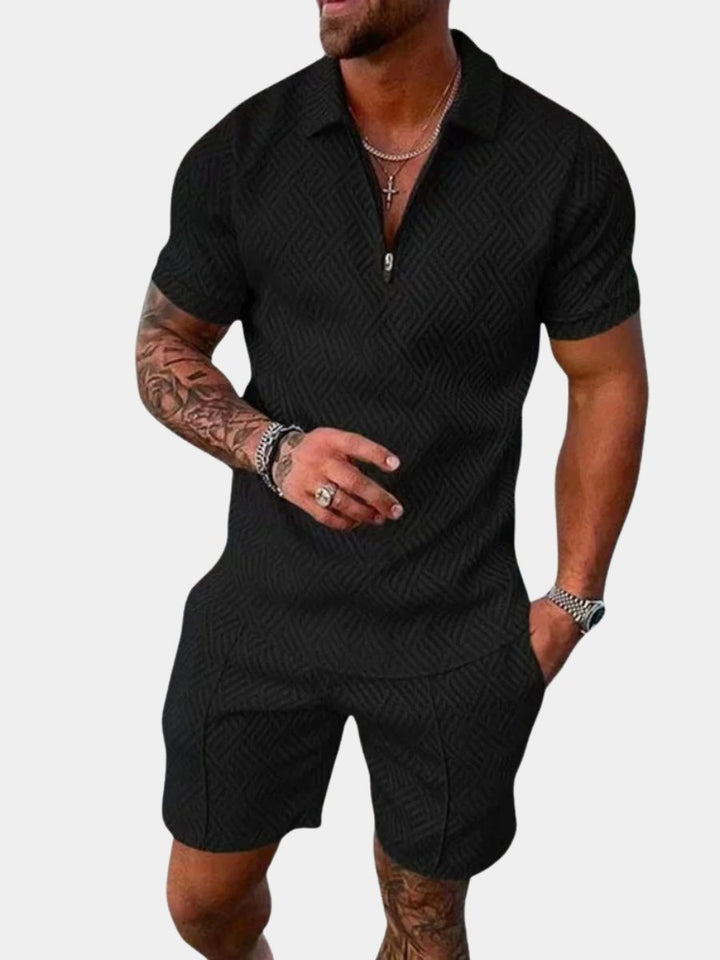 Men's casual zip polo shirt & matching shorts set in navy, ideal for warm summer days & relaxed style.
