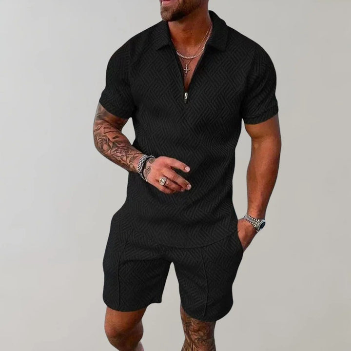 Comfortable men's two-piece short set with zip polo shirt & elastic-waist shorts for ultimate summer comfort.