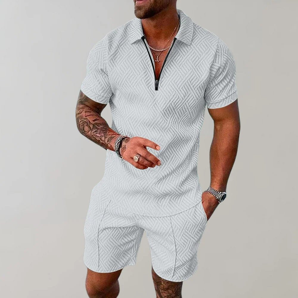 Stylish men's casual outfit set: short-sleeve zip polo & matching shorts, great for leisure & summer events.