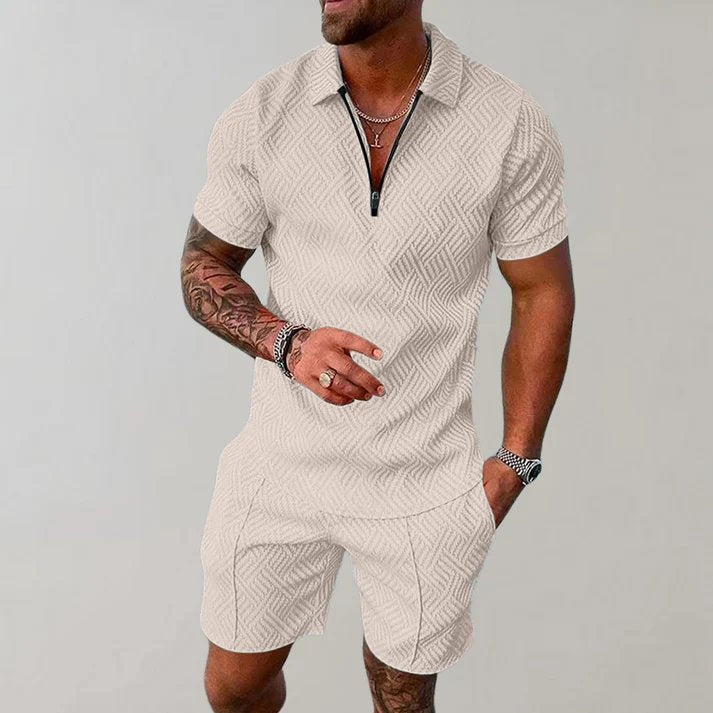 Versatile men's two-piece summer outfit featuring a modern zip polo shirt and comfortable pull-on shorts.