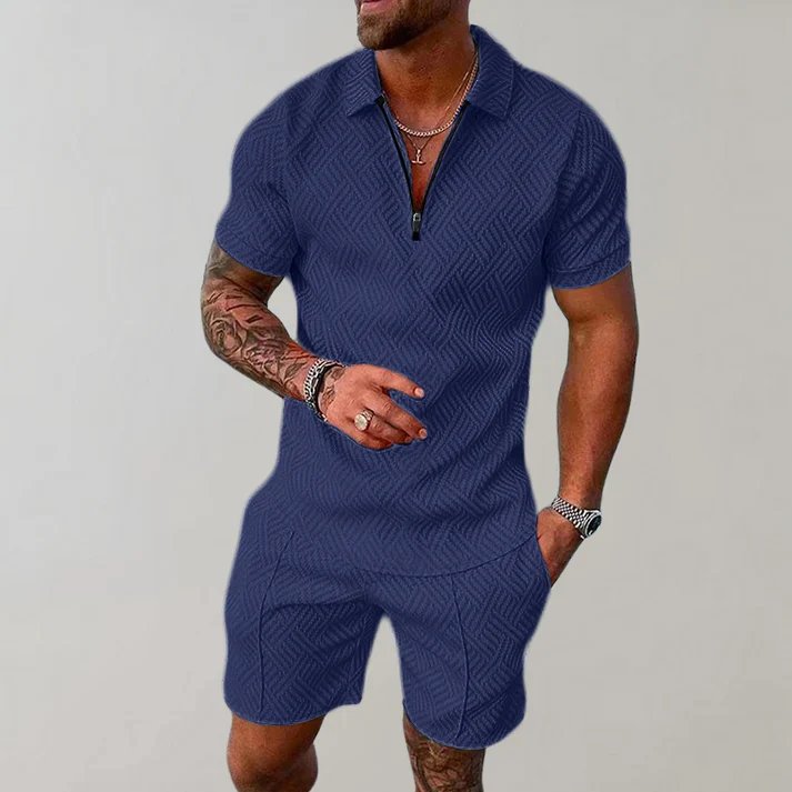 Trendy men's short set with a sporty zip-up polo and soft, breathable shorts, perfect for active casual wear.