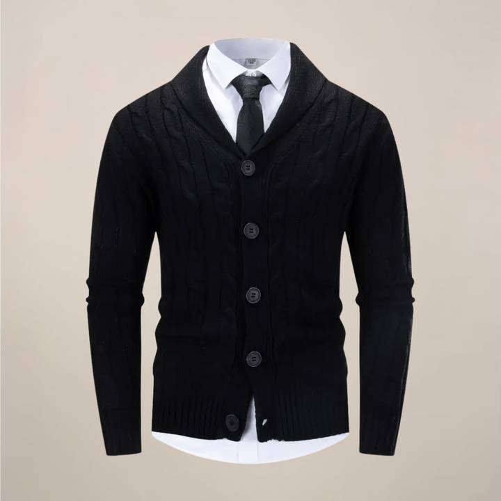 Men's chunky knit shawl collar cardigan for timeless winter style. Ideal smart casual layering piece.