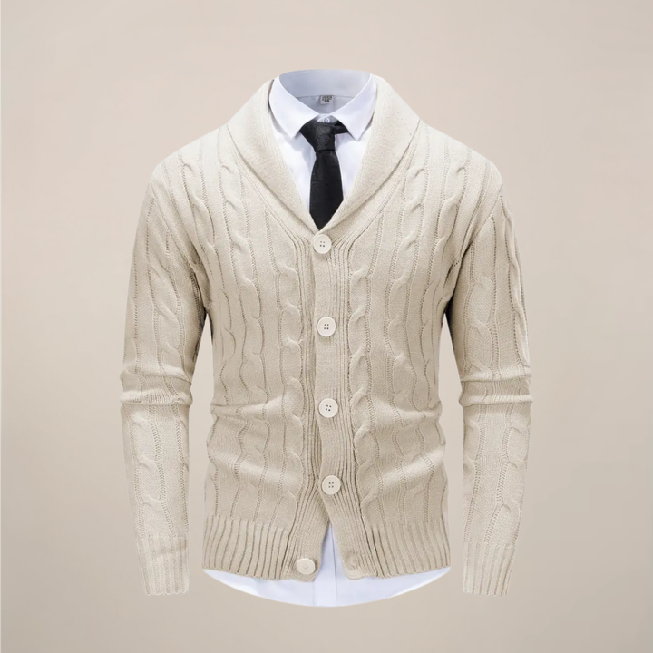 Cozy men's chunky knit shawl collar cardigan. Comfortable winter sweater, perfect for cold weather layering.