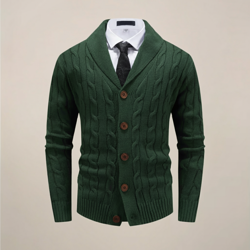 Stylish men's button-up chunky knit shawl collar cardigan. Versatile casual wear or smart casual winter fashion.