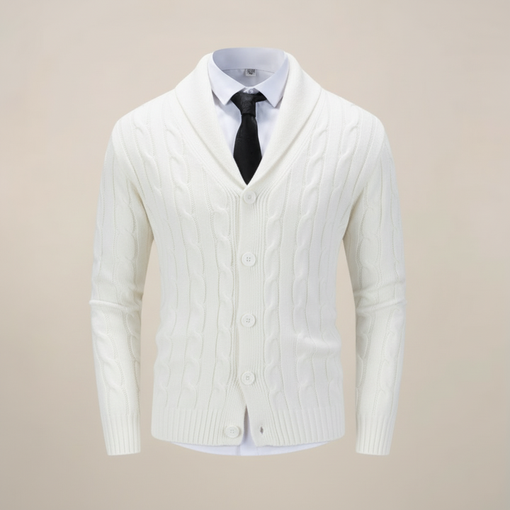 Timeless men's chunky knit shawl collar cardigan. Cozy knitwear for versatile winter layering and fashion.