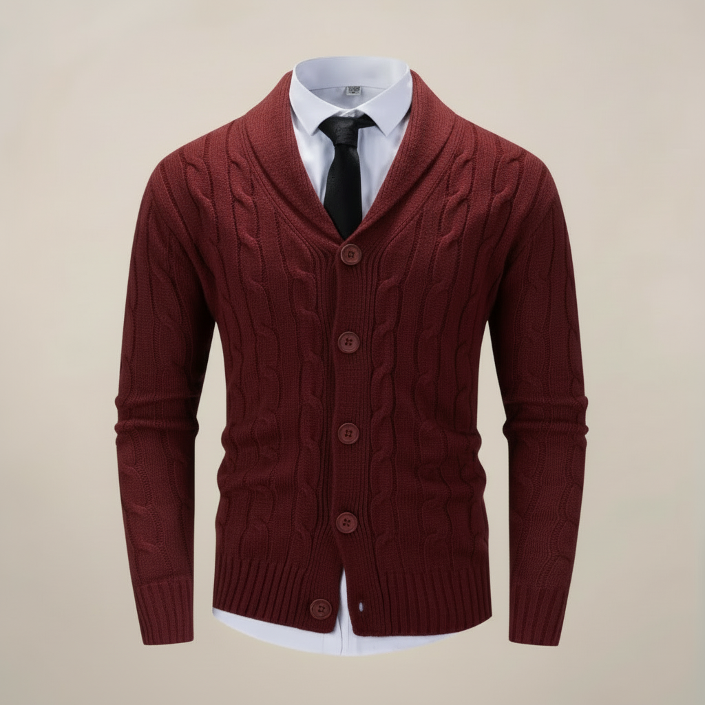 Close-up of a men's chunky knit shawl collar cardigan, highlighting button details and cozy knit texture.
