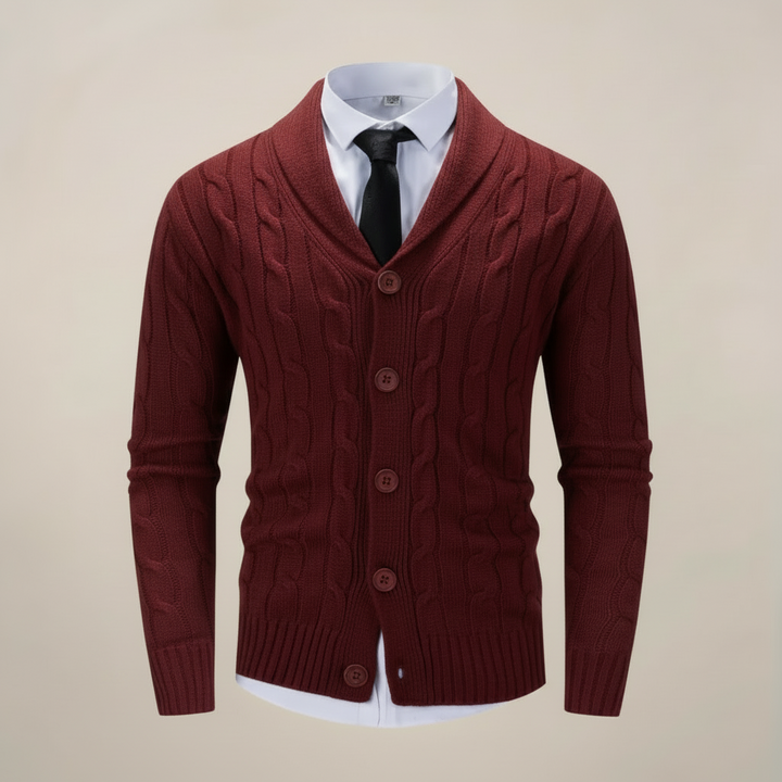 Close-up of a men's chunky knit shawl collar cardigan, highlighting button details and cozy knit texture.