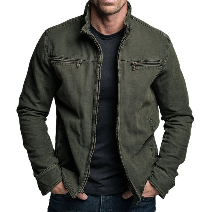 Stylish men's utility jacket, features multiple pockets & durable design, ideal for casual layering & comfort.
