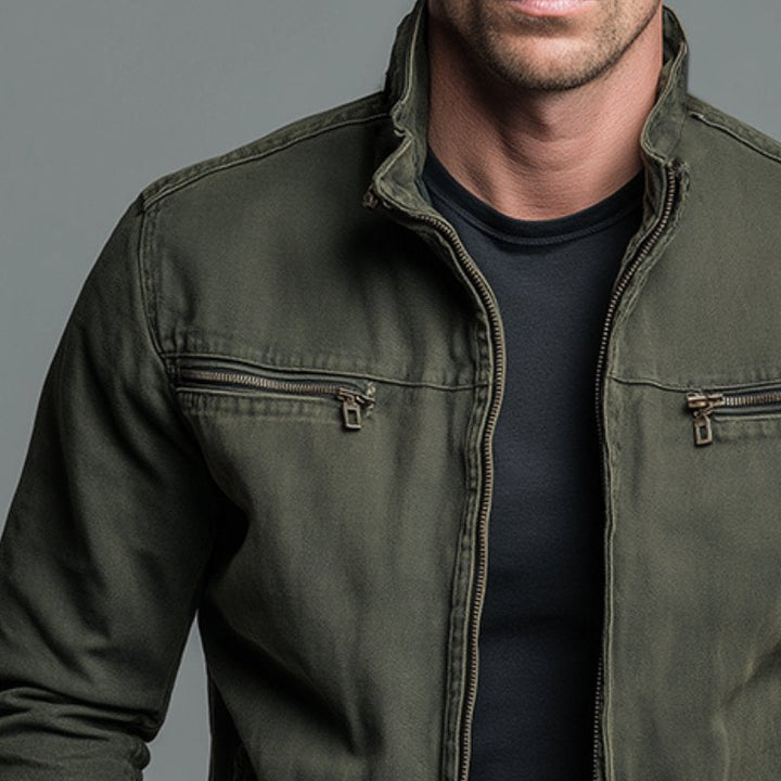 Back view of a men's classic utility jacket, showcasing its practical design and versatile everyday appeal.
