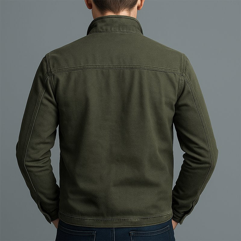 Detailed view of a men's classic all-season utility jacket, highlighting its durable fabric & stylish features.