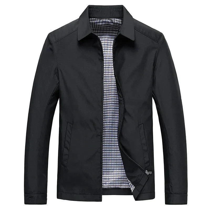 Men's classic black zip-up jacket with subtle checked lining, perfect for versatile smart-casual outerwear.