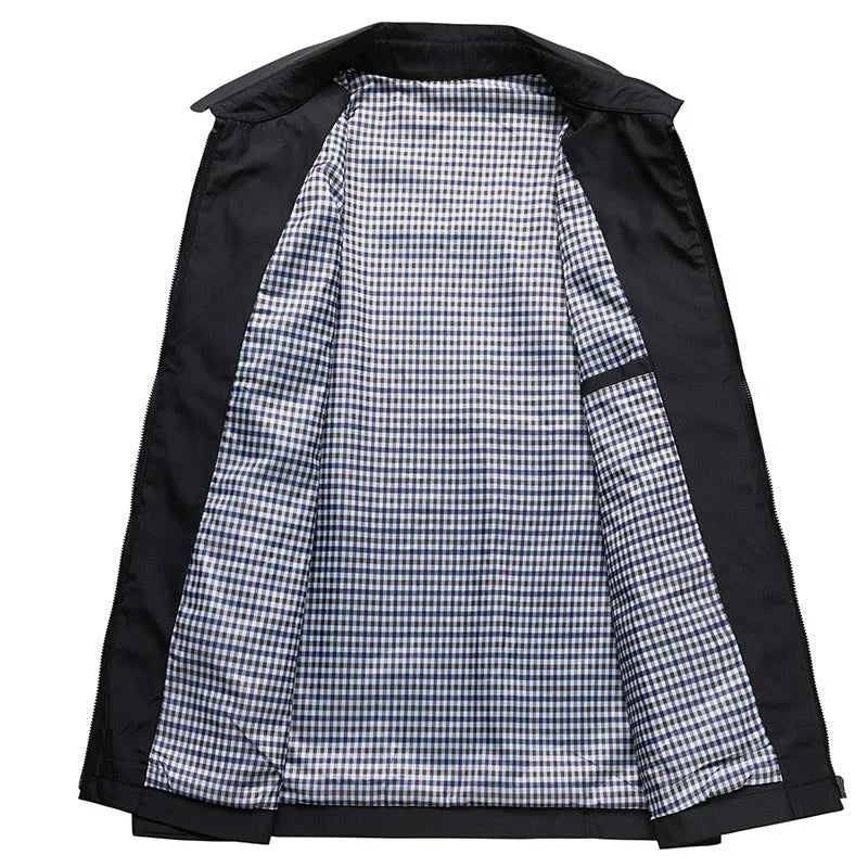 Versatile men's lightweight zip-up jacket with checked lining, perfect for all-season smart casual or travel.