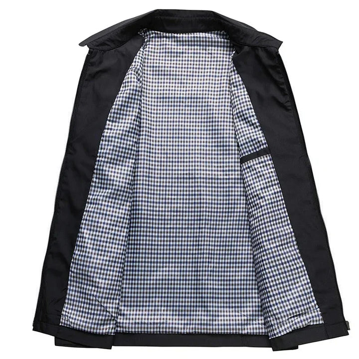 Versatile men's lightweight zip-up jacket with checked lining, perfect for all-season smart casual or travel.