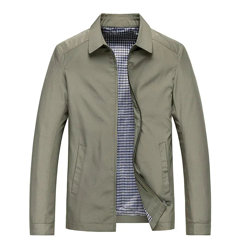 Man wearing a classic zip-up jacket, showcasing its comfortable fit & stylish checked lining for everyday wear.