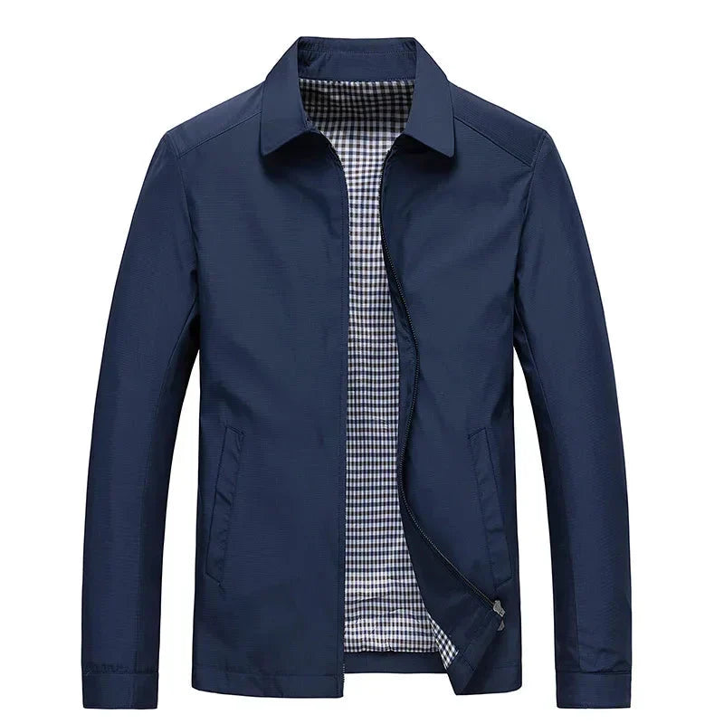 Classic men's outerwear: a lightweight zip-up jacket with a modern checked lining, suitable for any occasion.