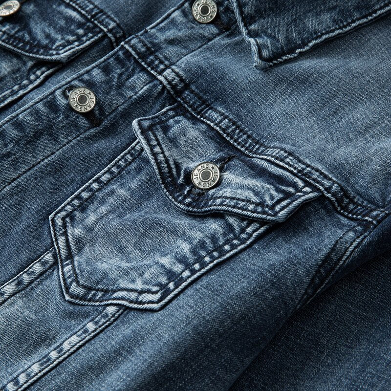 Fashionable men's blue denim jacket. Versatile outerwear, great for casual, everyday wear & classic style.
