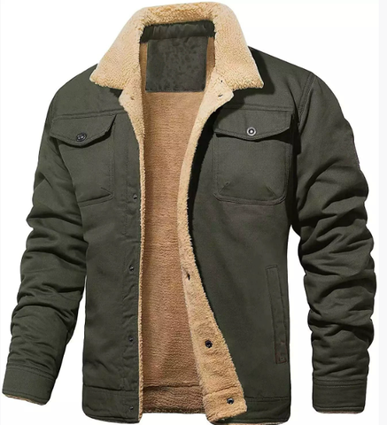 Refined men's button-front shearling collar jacket, a cozy and stylish choice for winter fashion.